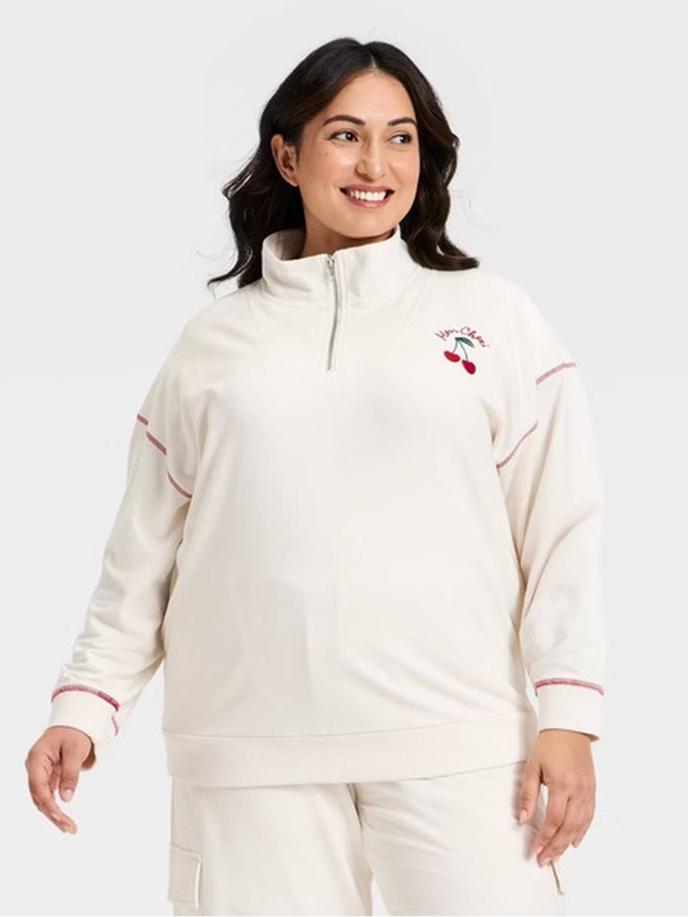 NWT Women’s Ava & Viv Cherry Embroidered Quarter-Zip Pullover Top Cream Sz XXL